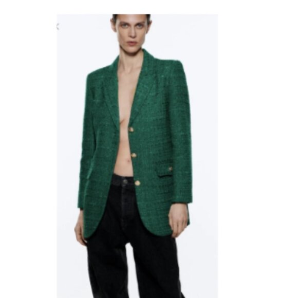 NWT ZARA Green Buttoned Textured Tweed Blazer XXL - Picture 4 of 15